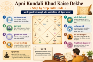 Apni kundali khud kaise dekhe step by step full guide infographic Hindi me with kundali chart, grah sthiti, bhav aur rashi samjhane ka complete process
