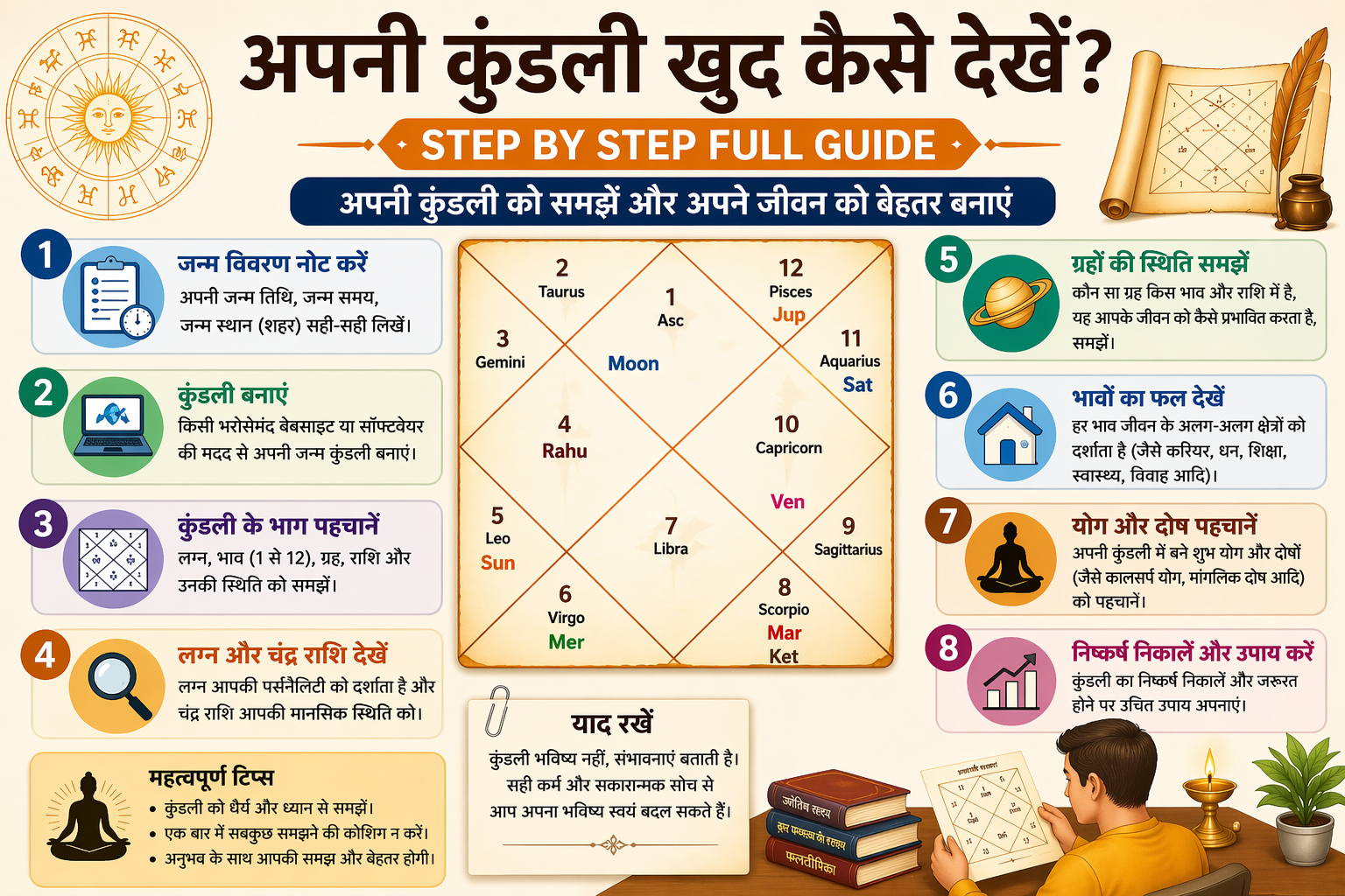 apni kundali kaise dekhe, kundali kaise padhe, free kundali guide hindi, janam kundali kaise banaye, astrology guide hindi, kundali me grah ka arth, lagna rashi kaise dekhe, kundali reading tips, kundali kaise samjhe beginners, vedic astrology hindi guide