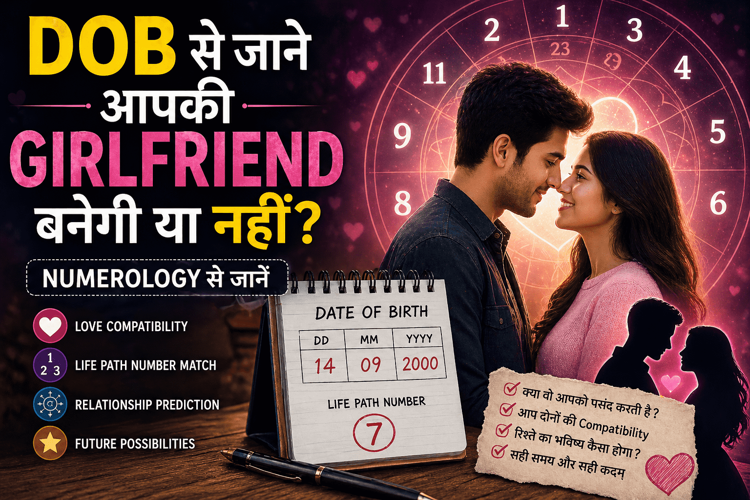 dob se jane girlfriend banegi ya nahi, girlfriend banegi ya nahi kaise pata kare, numerology love prediction, date of birth love compatibility, love prediction by dob, girlfriend banne ke chances, life path number love, numerology relationship hindi, ladki patane ka tarika, astrology love life future,