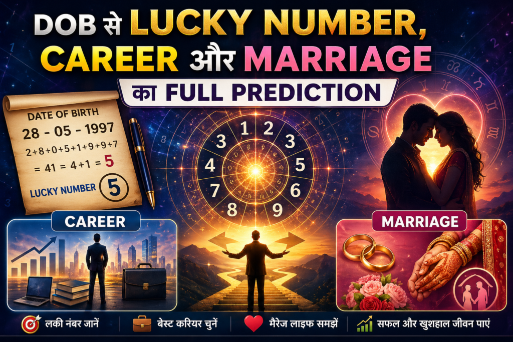 DOB se lucky number, career aur marriage prediction infographic in Hindi with numerology chart and life path number example