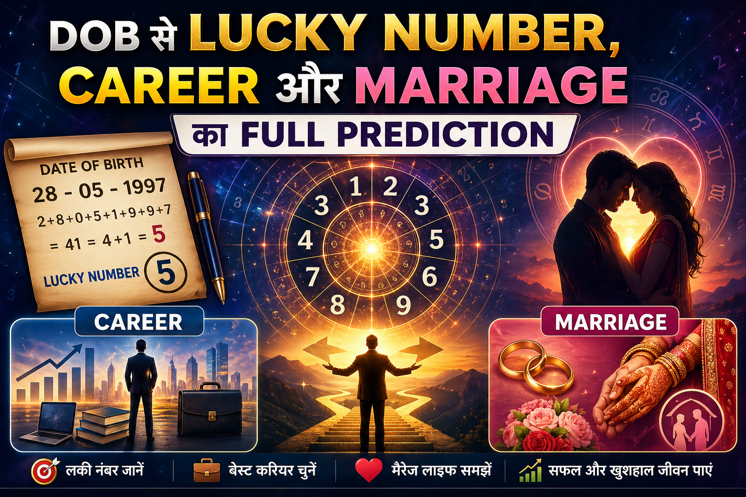 DOB se lucky number, career aur marriage prediction infographic in Hindi with numerology chart and life path number example