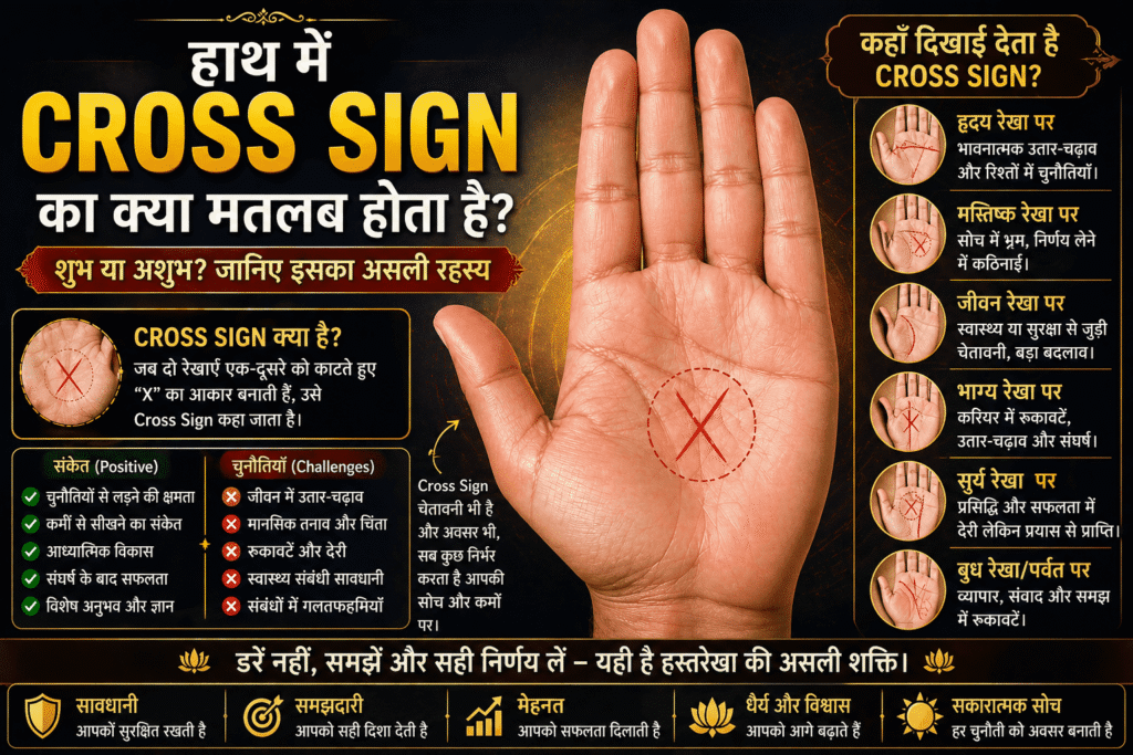 hath me cross sign ka matlab, cross sign palmistry hindi, X sign meaning in hand, hastrekha shastra cross sign, future prediction by hand lines, love career palm reading, lucky and unlucky signs in palm, cross sign meaning in palmistry.