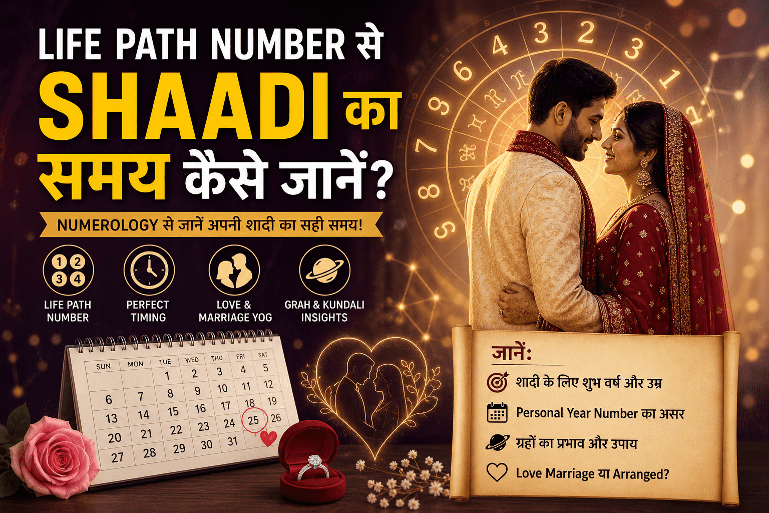 dob se shaadi kab hogi, marriage prediction by date of birth, numerology marriage timing, shaadi kab hogi astrology, love marriage prediction, arranged marriage yog, life path number marriage
