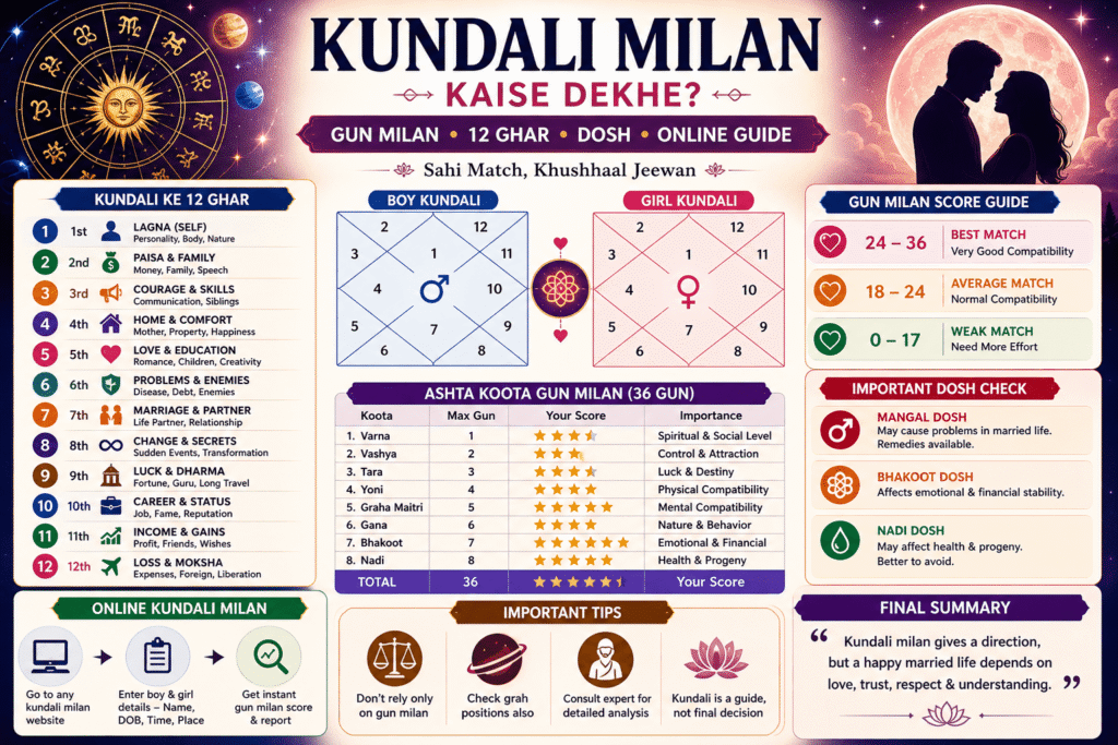 kundali milan kaise dekhe, kundali ghar meaning, gun milan kaise kare, kundali dosh kya hota hai, horoscope matching guide