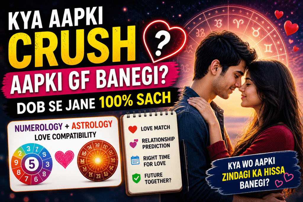 crush gf banegi ya nahi, dob se love prediction, kya meri crush mujhse pyaar karti hai, girlfriend kab banegi astrology, numerology love compatibility, crush se relationship banega ya nahi, kundali se girlfriend ka yog, astrology love prediction hindi, life path number love match, true love kab milega dob se